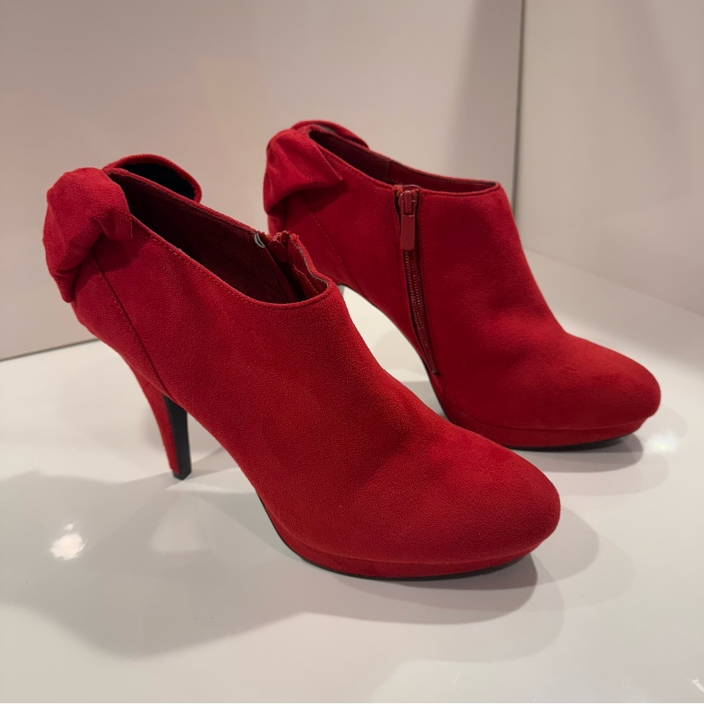 Impo Red Suede Heel Booties with Back Bow